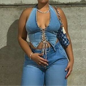 Denim corset top with rhinestone strings